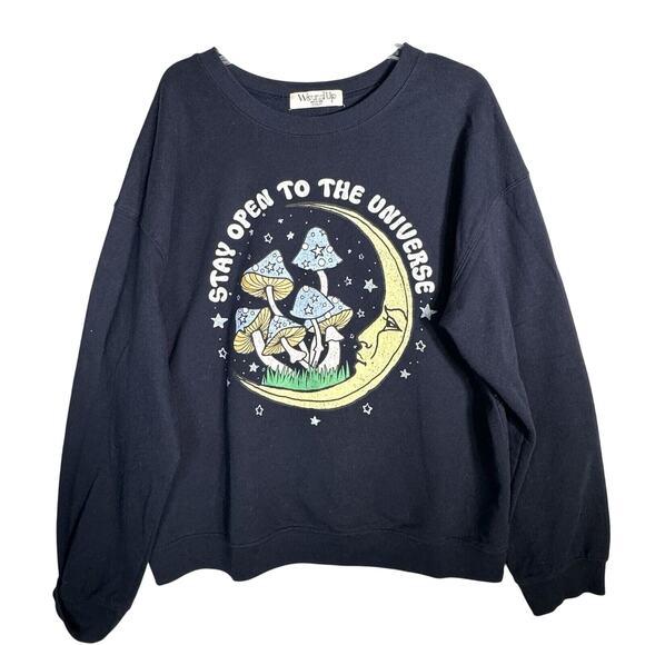 Wound Up Tops - Women's Navy Blue Mushroom Moon Sweatshirt Stay Open to the Universe
